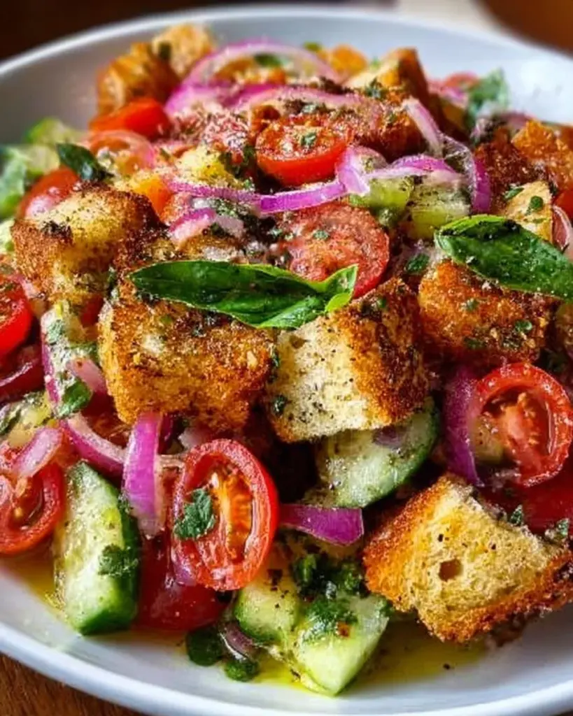 Frischer Panzanella-Salat mit Tomaten, Brot und mediterranen Zutaten