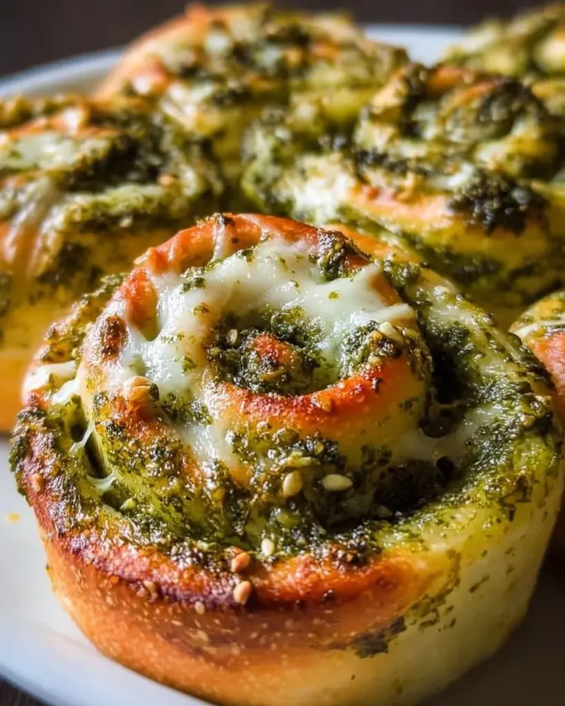 Pizzaschnecken mit Pesto und Mozzarella auf einem Teller angerichtet