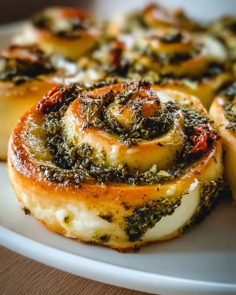 Pizzaschnecken mit Pesto und Mozzarella auf einem Teller serviert.