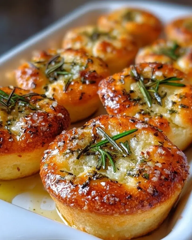 Frische Rosmarin-Knoblauch-Focaccia-Muffins auf einem Holzbrett