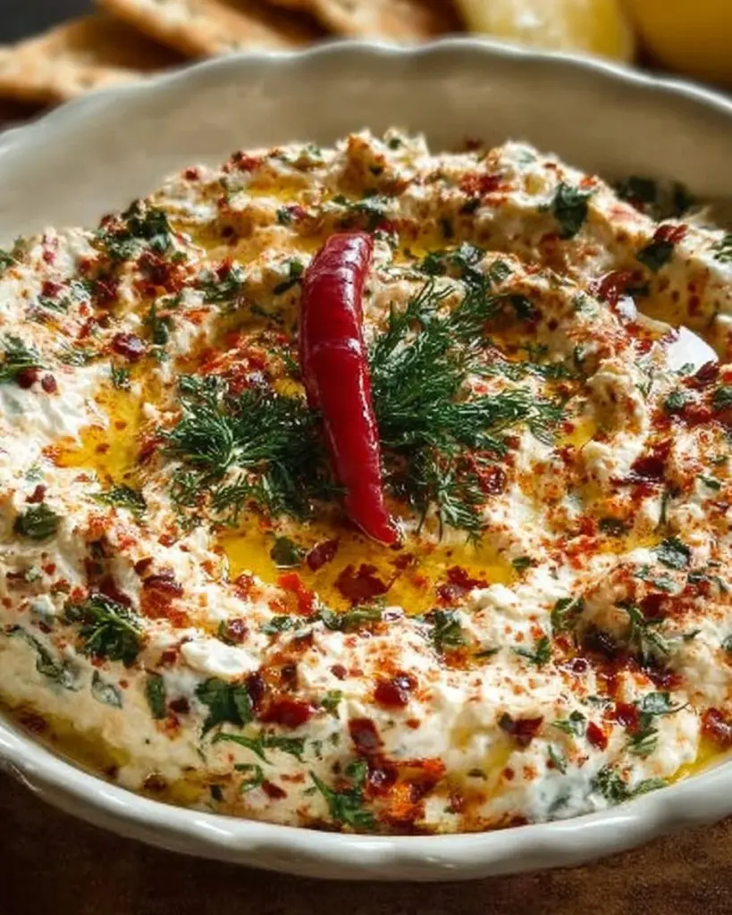 Scharfer Schafskäse Dip in einer Schale, serviert mit frischem Brot.