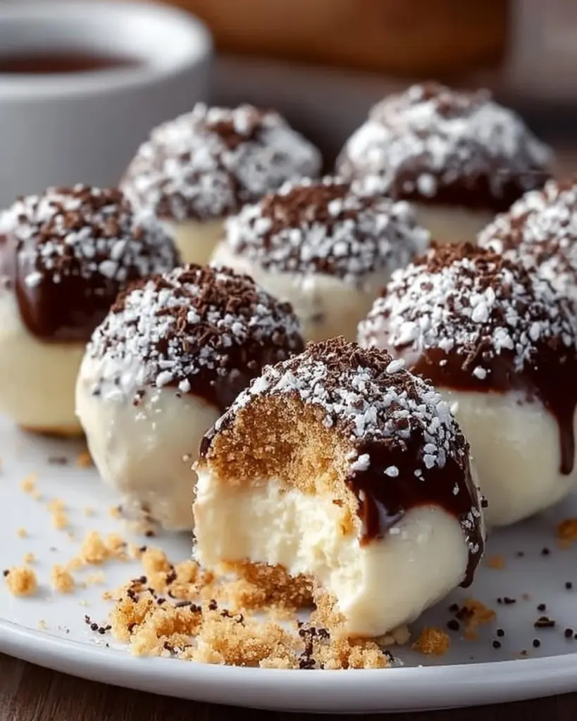 Schnelle Käsekuchen-Kugeln auf einem Teller, serviert als süßes Dessert.