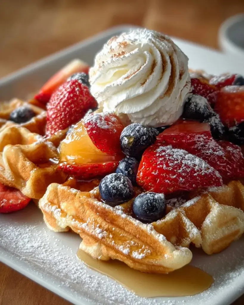 Skyr Waffeln auf einem Teller mit frischen Früchten und Joghurt
