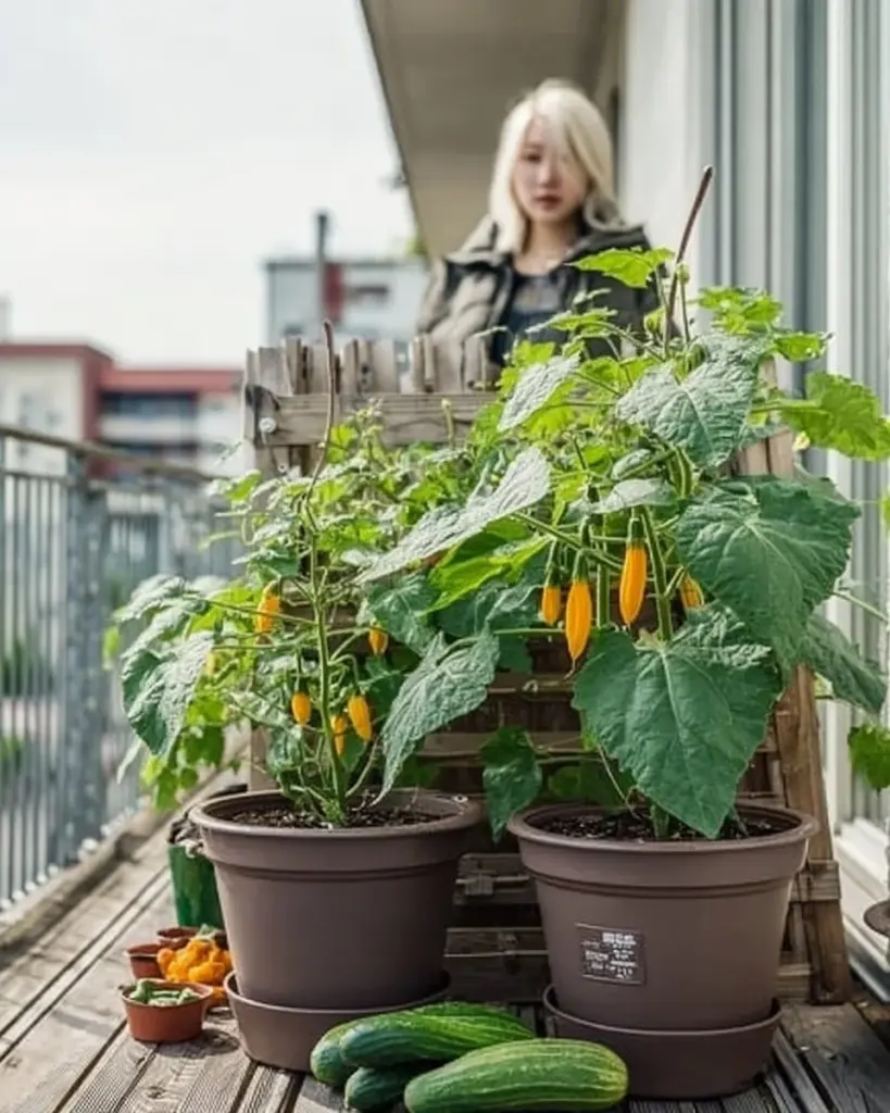 Balkon mit Gemüsebeeten, unter denen Gurken wachsen.