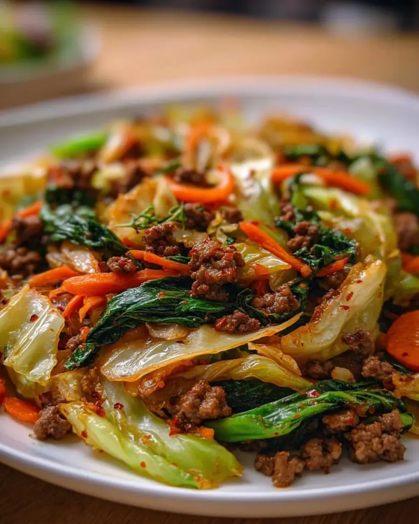 Würzige Pfanne mit chinesischem Kohl und Rinderhackfleisch