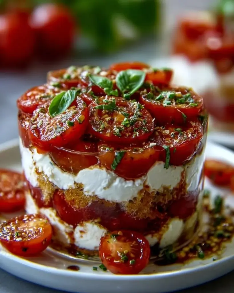 Tomaten Mozzarella Tiramisu auf einem Teller, perfekt für den Sommer