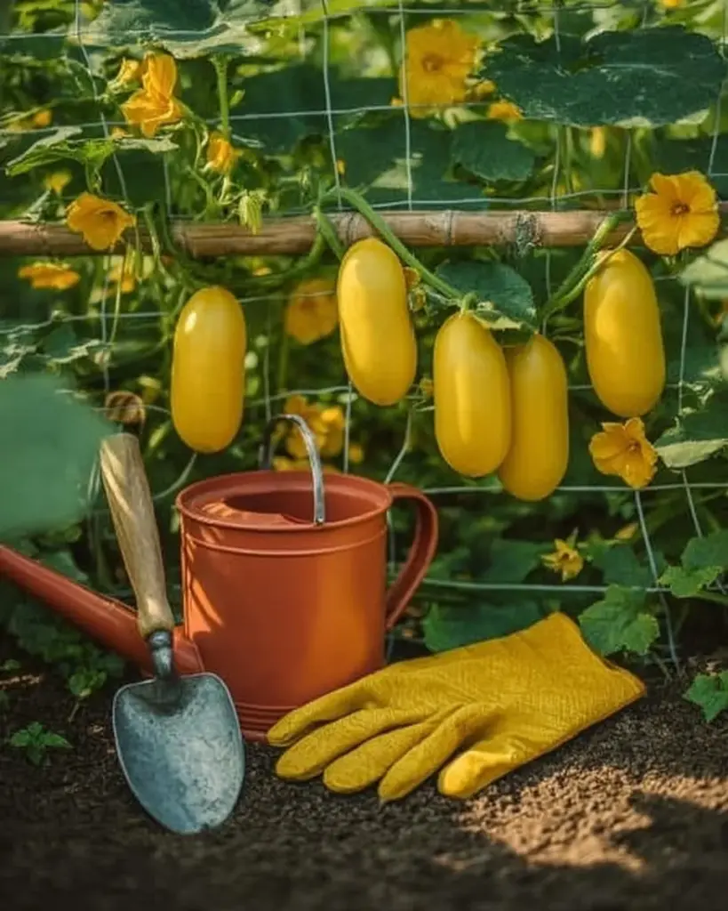 Gelbe Gurken im Garten mit Information über ihre Ursachen und Lösungen.