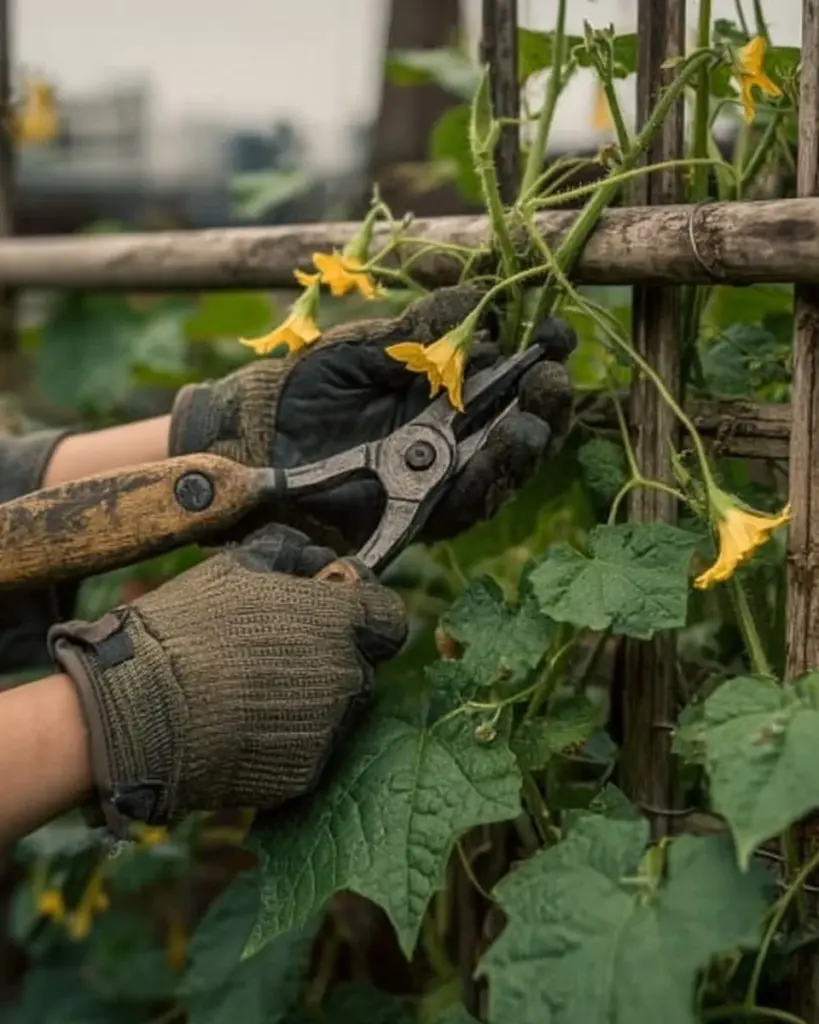 Gurken ernten durch gezieltes Ausgeizen für größere Erträge.