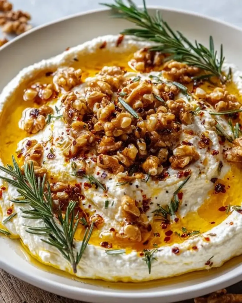 Würziger Ricotta-Dip mit scharfem Honig und gerösteten Walnüssen in einer Schüssel