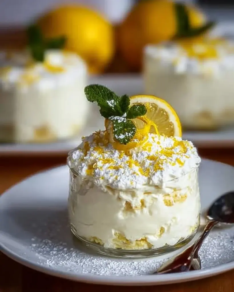 Eine Schüssel mit Zitronen Mascarpone Creme, dekoriert mit Zitronenscheiben.