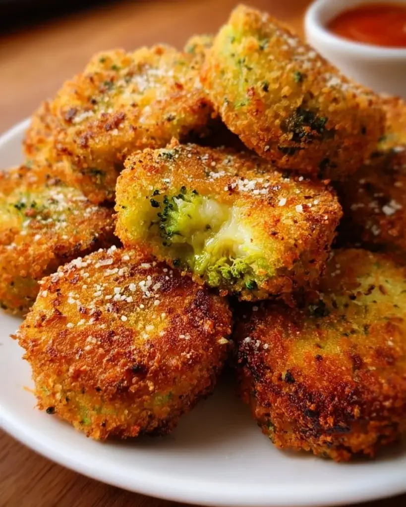 Leckere Brokkoli Käse Nuggets auf einem Teller serviert.