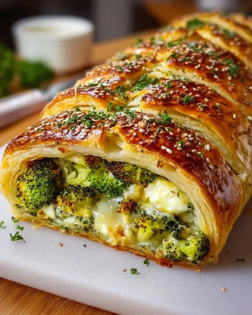 Leckere Brokkoli-Käse-Strudel frisch aus dem Ofen, serviert mit Beilagen.