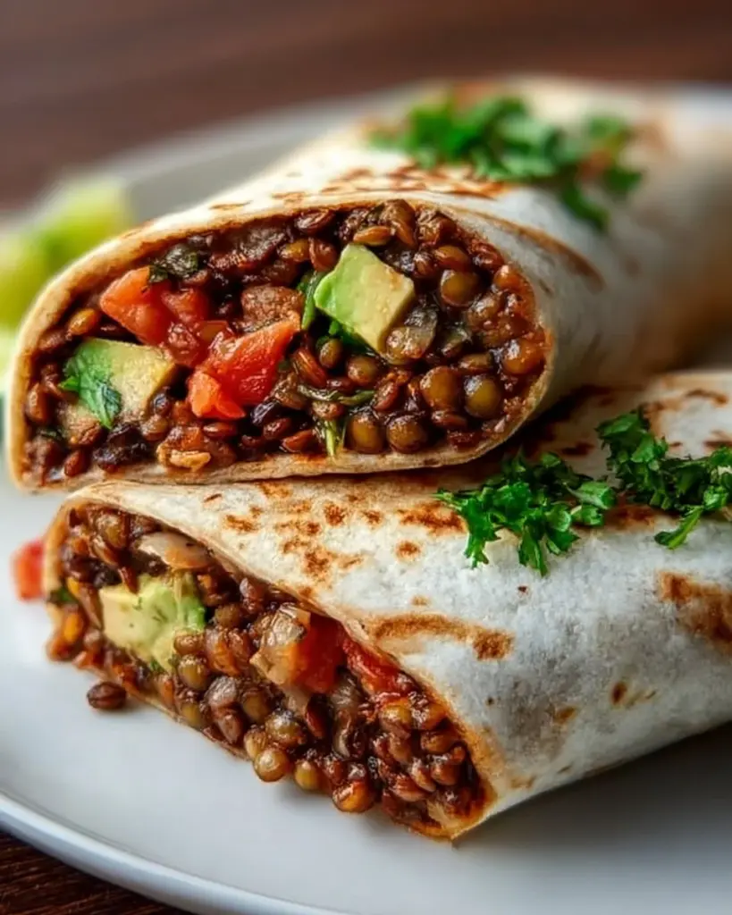 Burritos mit Linsen und Walnüssen auf einem Teller angerichtet
