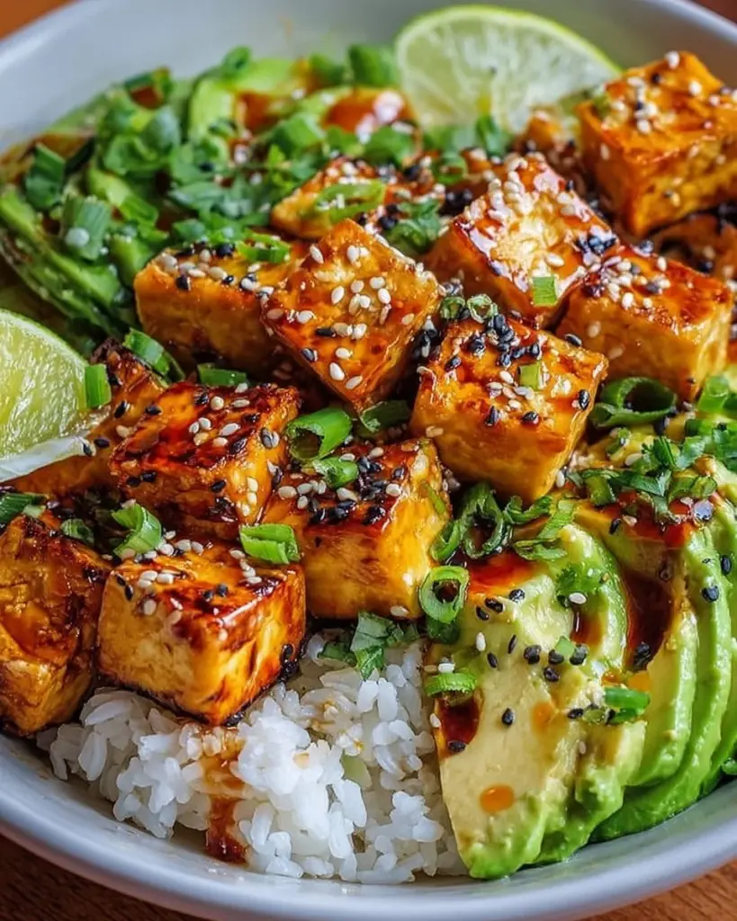 Cremige Avocado-Tofu-Reis-Bowl mit frischen Zutaten