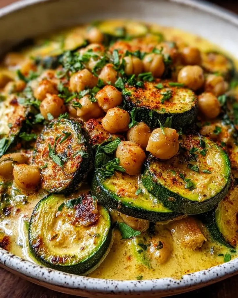 Cremige Knoblauch-Kichererbsen-Zucchini-Pfanne in einer Pfanne.