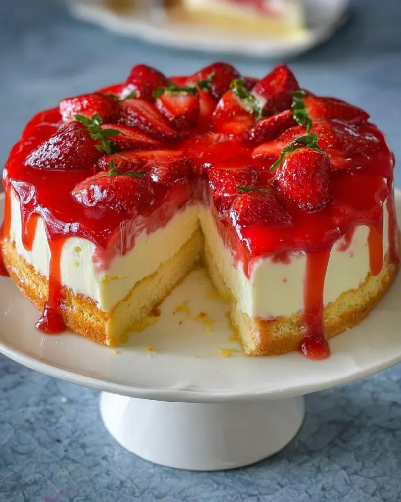 Cremiger Erdbeer-Schmandkuchen mit Vanillepudding auf einem Teller