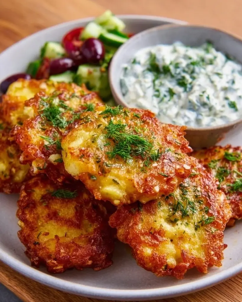 Knusprige Kartoffel-Feta-Fritter mit Joghurt-Gurken-Sauce auf einem Teller