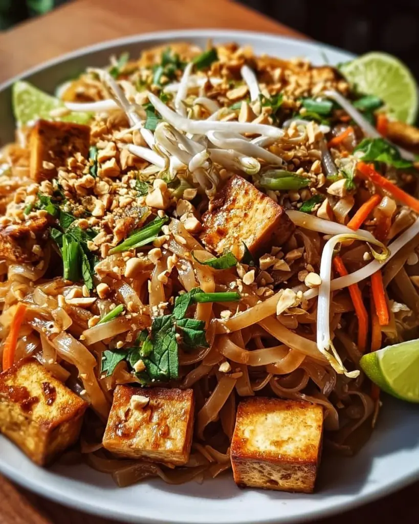 Veganes Tofu Pad Thai auf einem Teller, verziert mit Erdnüssen und Limette