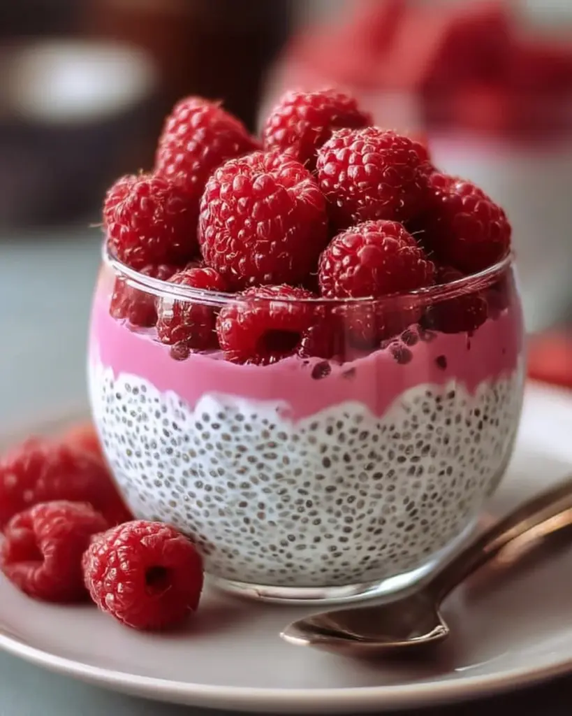 Einfache Himbeer-Chia-Pudding in einer Schüssel, bunt und gesund.