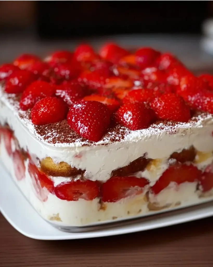 Erdbeer Tiramisu mit frischen Erdbeeren und cremiger Mascarpone-Schicht