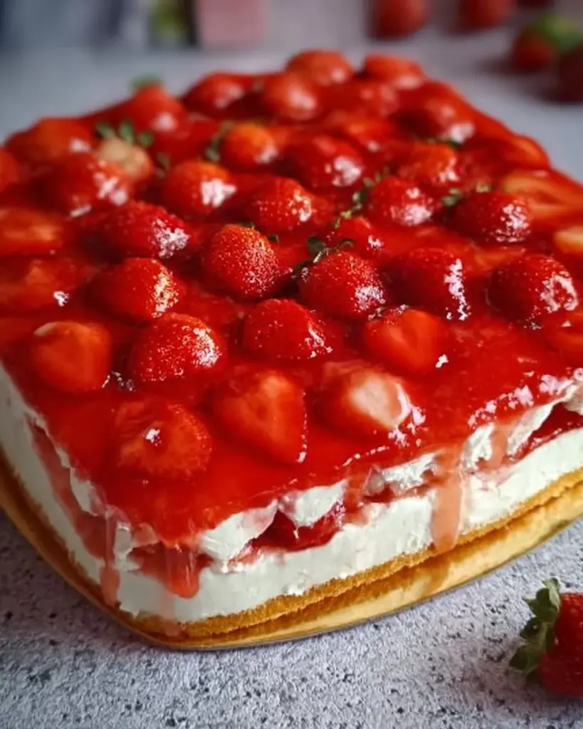 Hausgemachte Erdbeertorte mit frischen Erdbeeren und Sahne