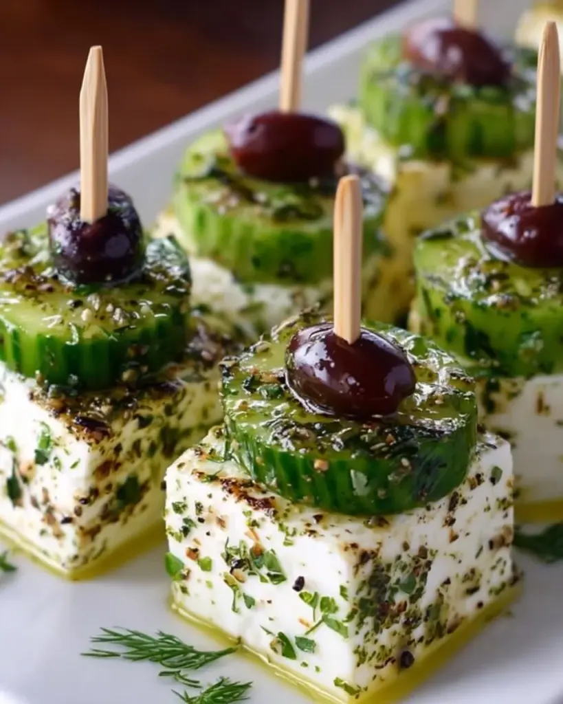 Feta-Gurken-Spieße auf einem Teller, perfekt für Snacks und Vorspeisen.