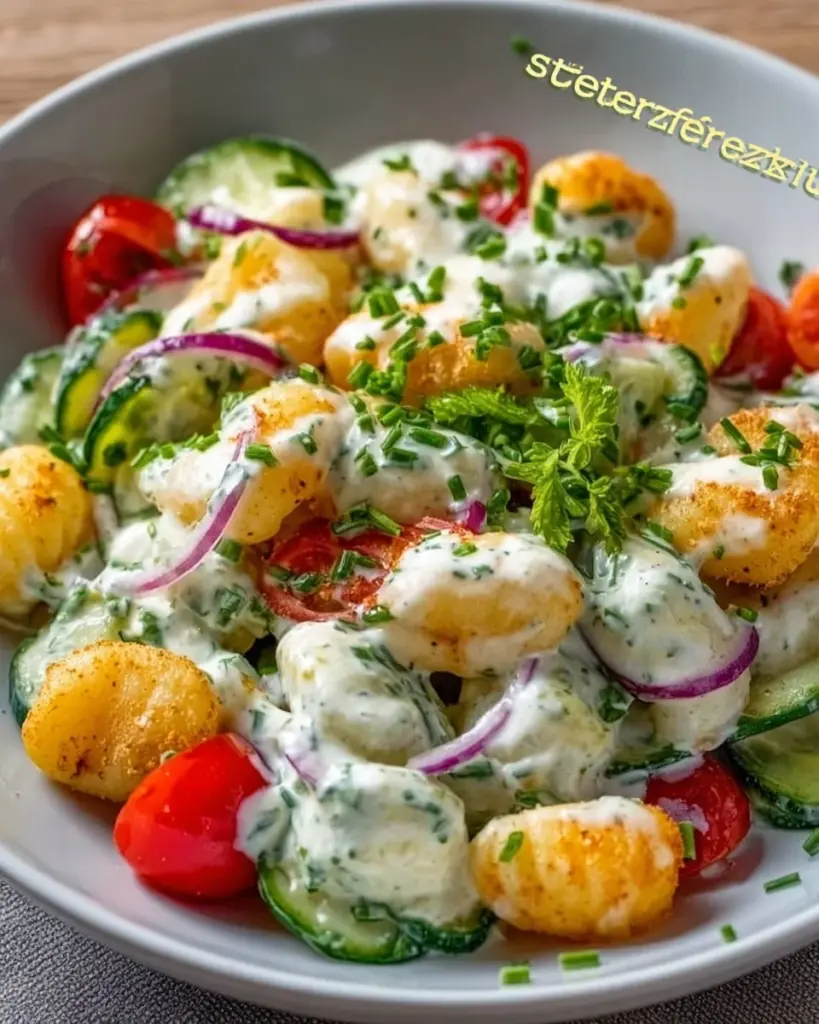 Erfrischender Gnocchi-Salat mit Joghurt-Dressing serviert auf einem Teller