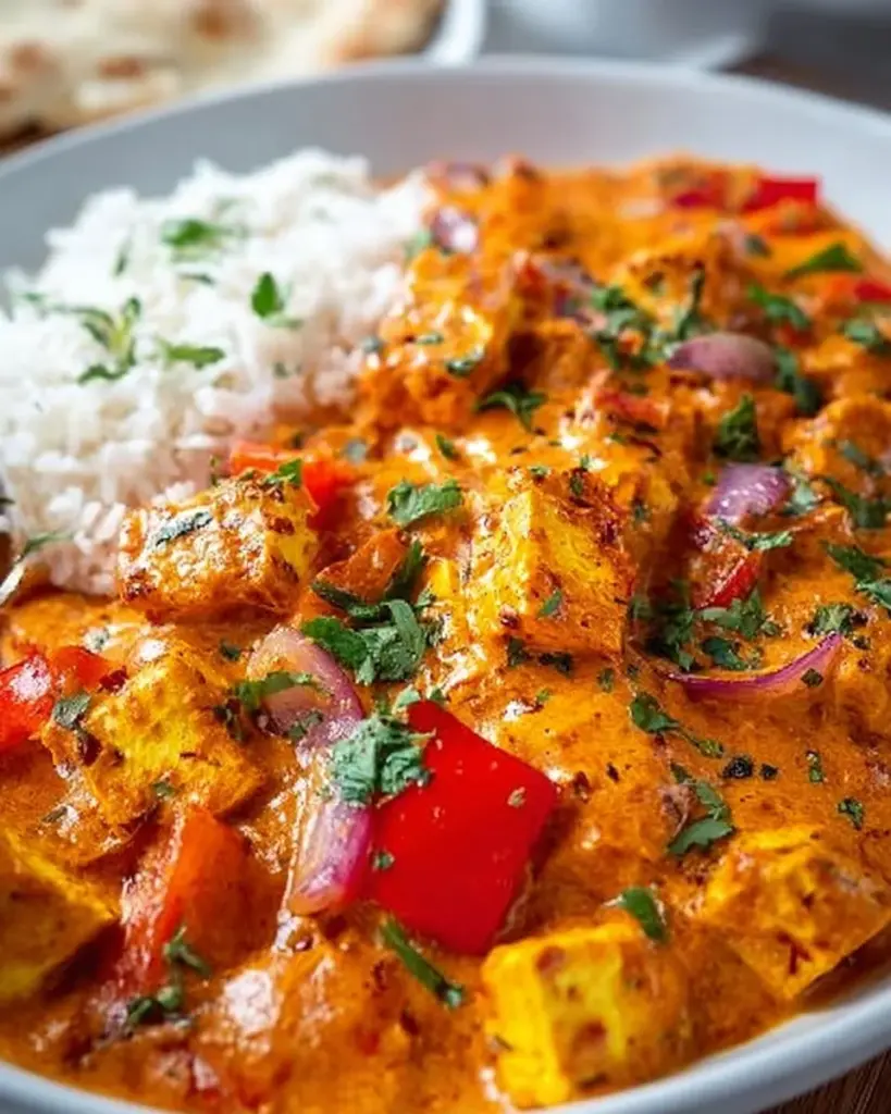 Halloumi Tikka Masala auf einem Teller, garniert mit frischen Kräutern