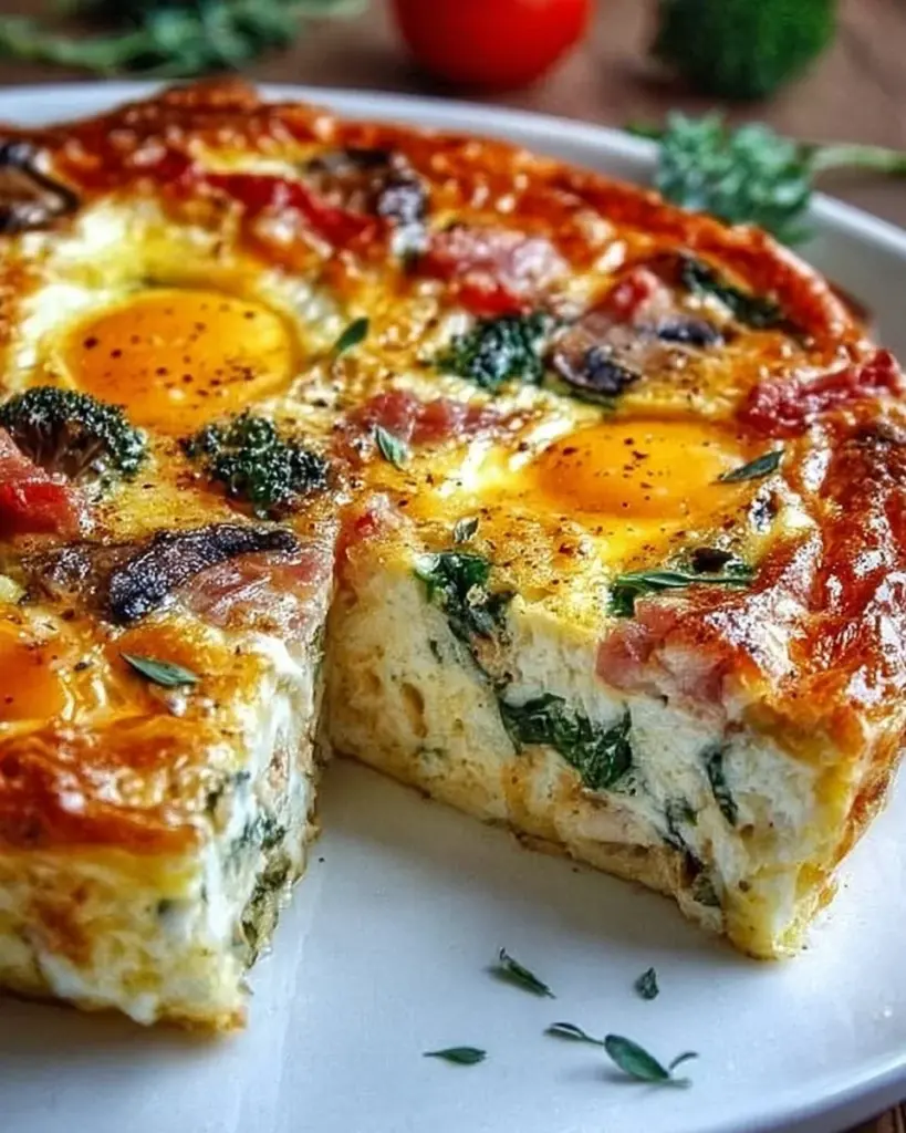 Hüttenkäse-Ei-Auflauf in einer Auflaufform mit frischen Kräutern garniert.