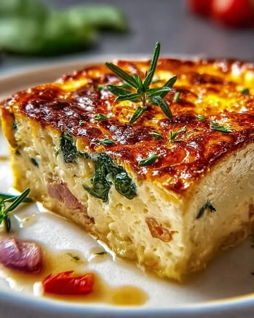 Hüttenkäse-Ei-Auflauf auf einem Teller, serviert mit frischen Kräutern.