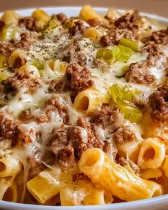 Käse-Lauch Pasta mit Hackfleisch auf einem Teller serviert