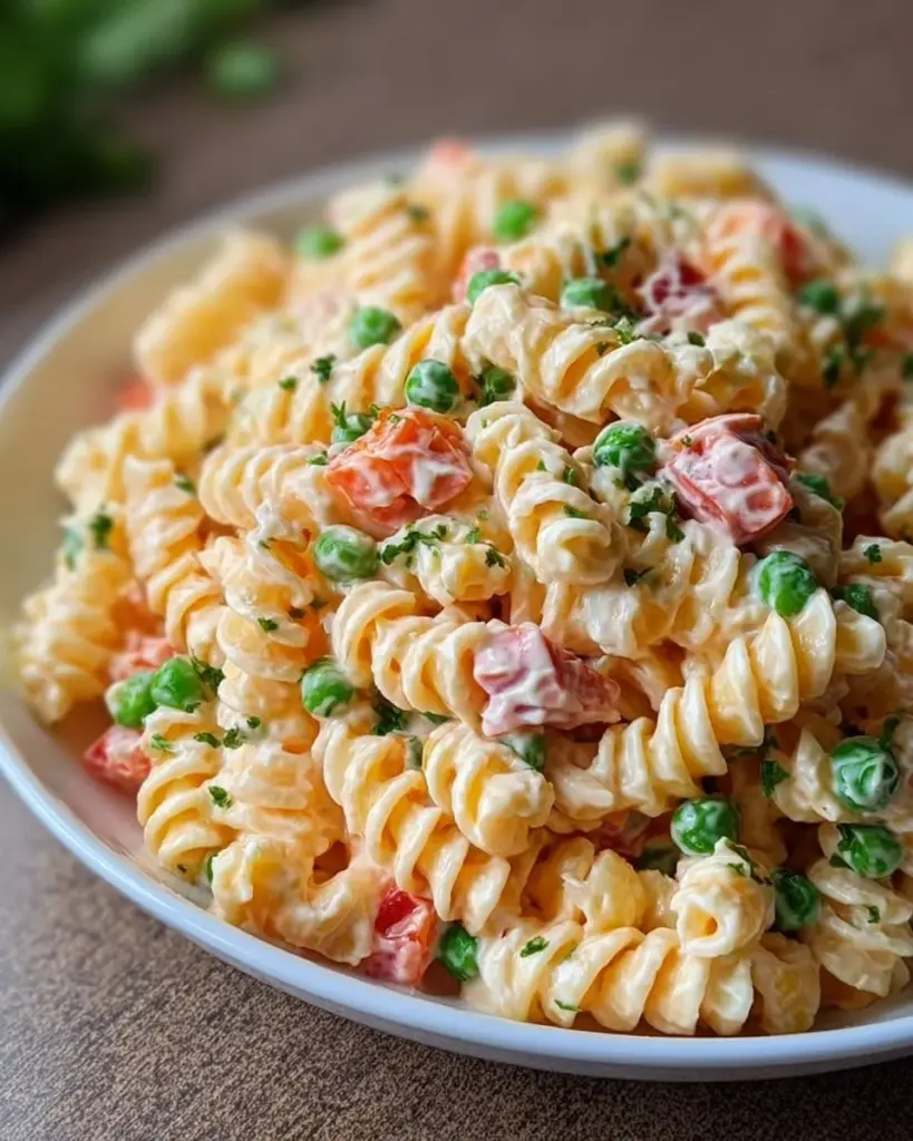 Kinder Nudelsalat mit Frischkäse in einer bunten Schüssel serviert