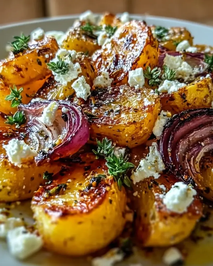 Knusprige Kartoffeln mit Feta und Knoblauch auf einem Teller angerichtet