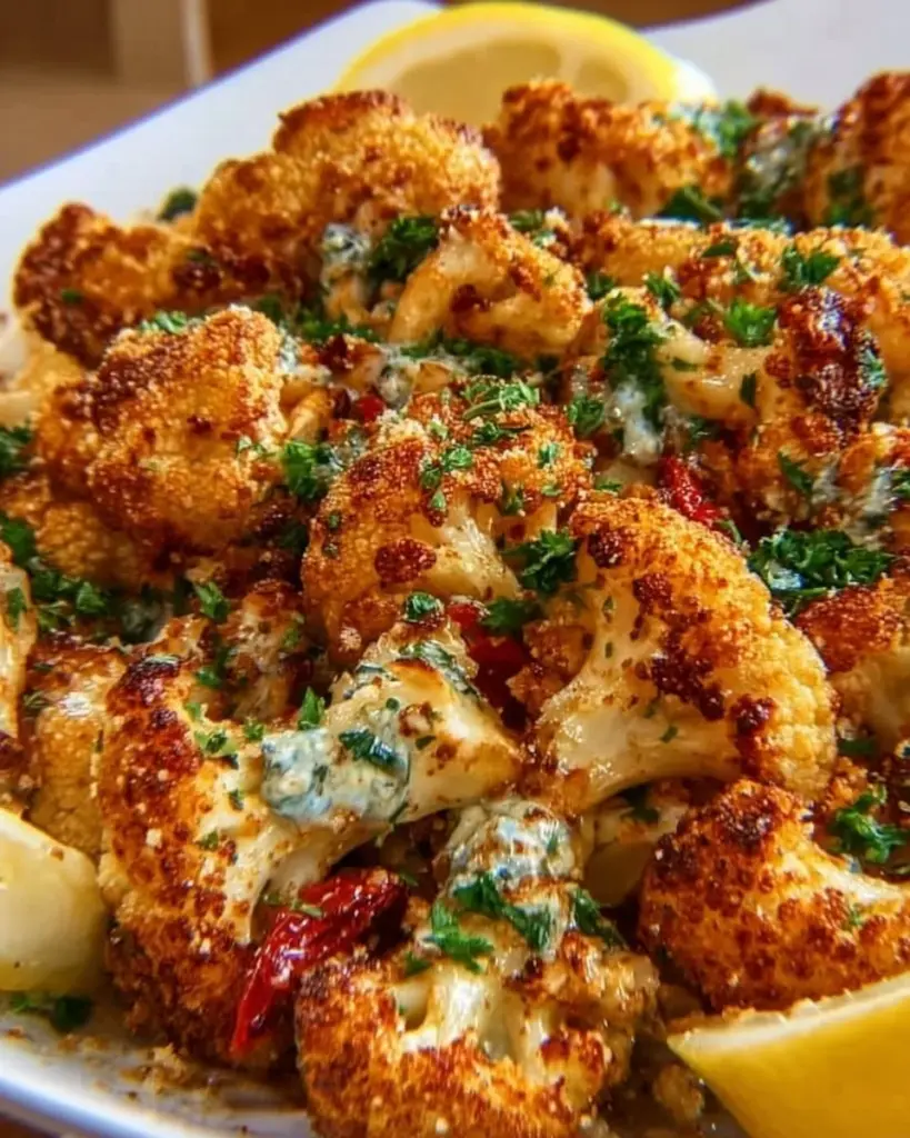 Knuspriger Blumenkohl aus dem Ofen auf einem Teller serviert