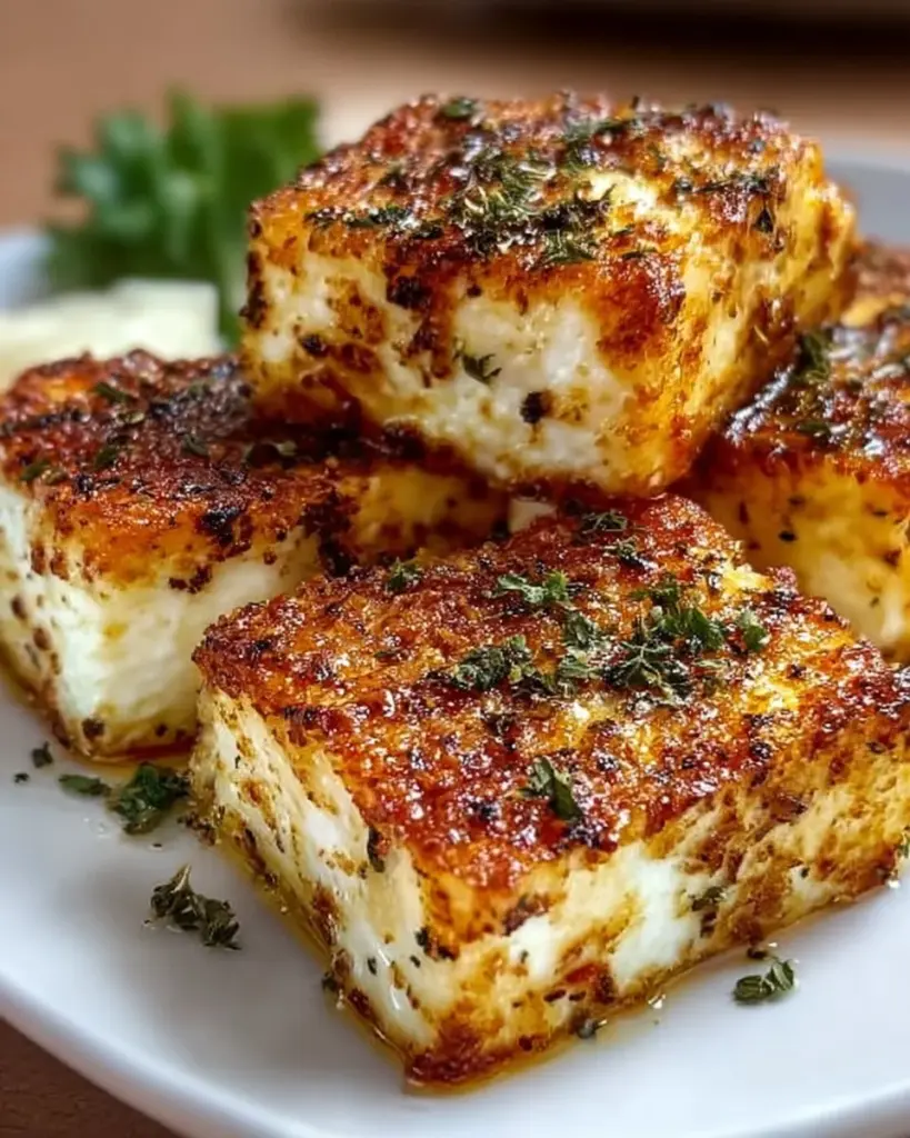 Knuspriger Feta aus dem Airfryer auf einem Teller serviert