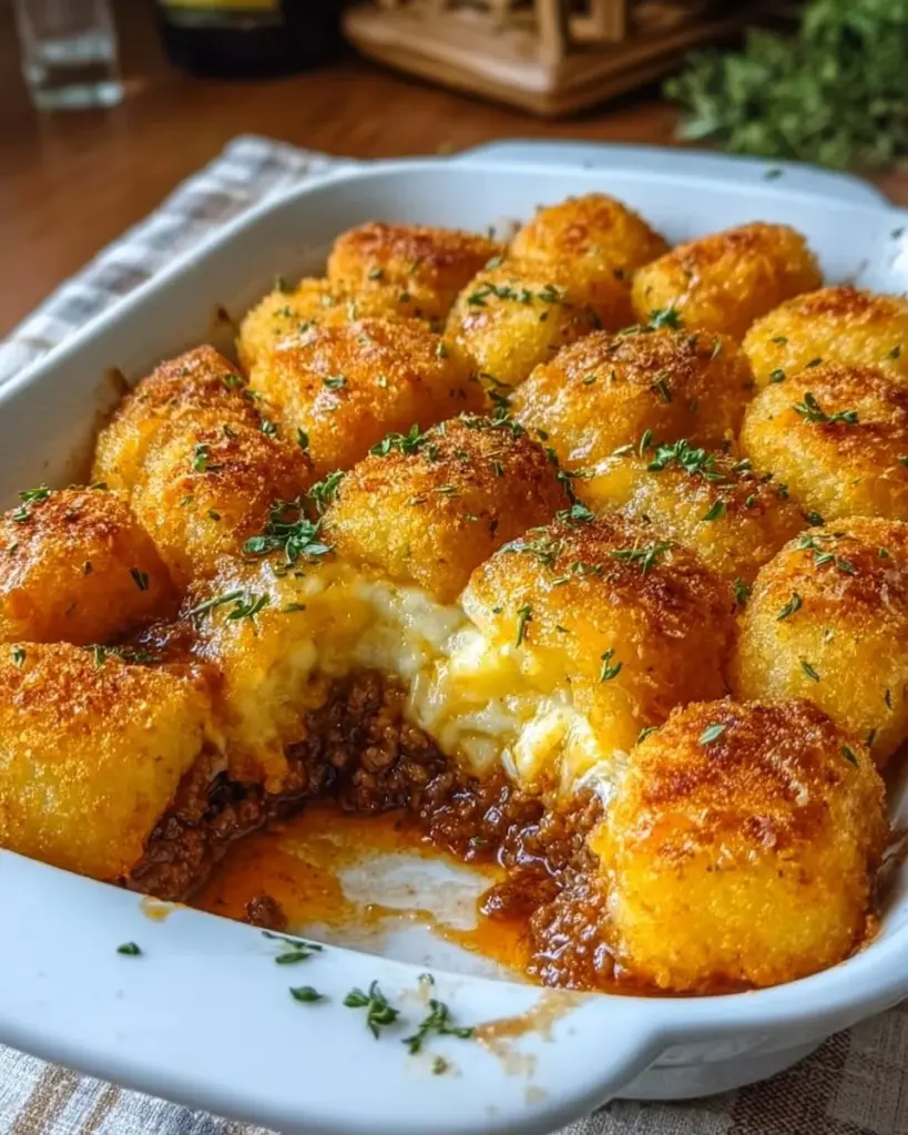Kroketten Auflauf mit Hackfleisch, serviert in einer Auflaufform