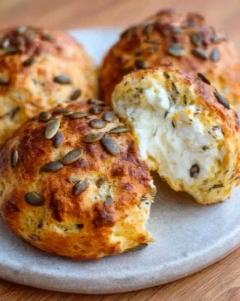 Leckere Low Carb Brötchen mit Hüttenkäse auf einem Holzbrett
