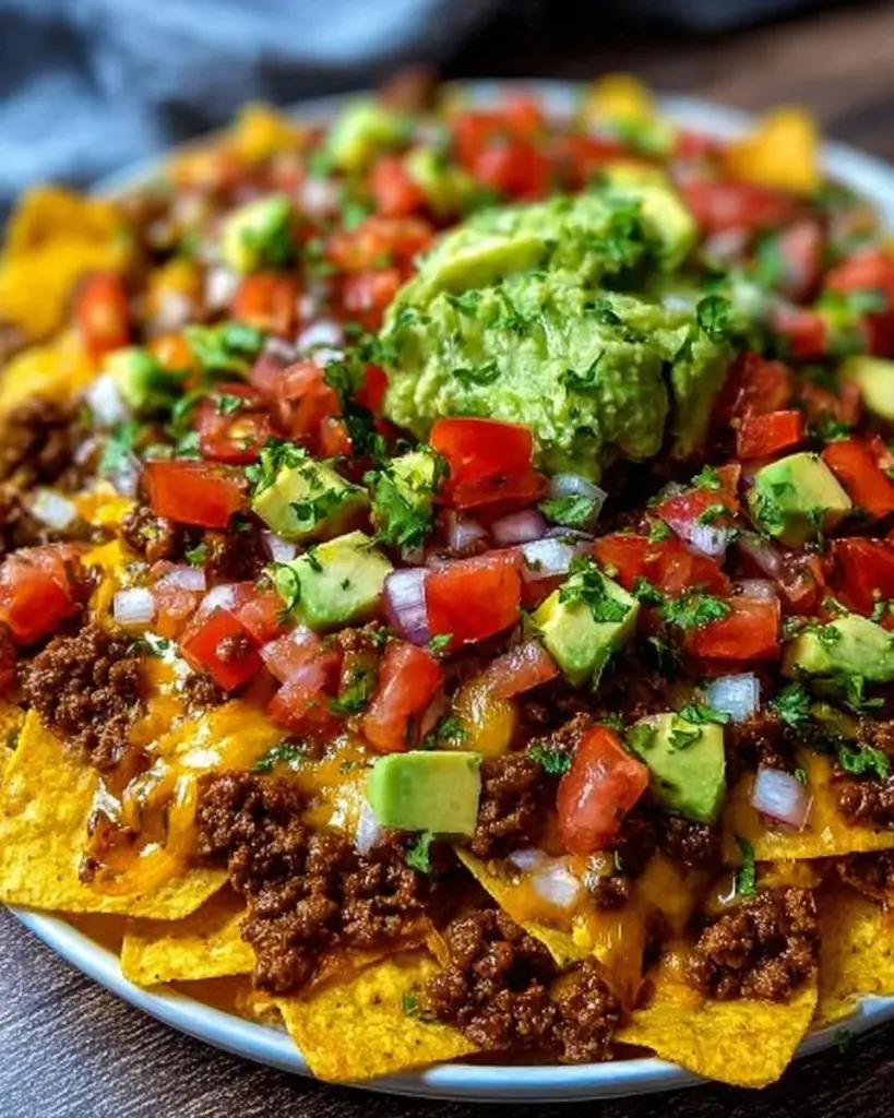 Nacho-Bowl mit Rinderhack, Käse und frischen Zutaten serviert.