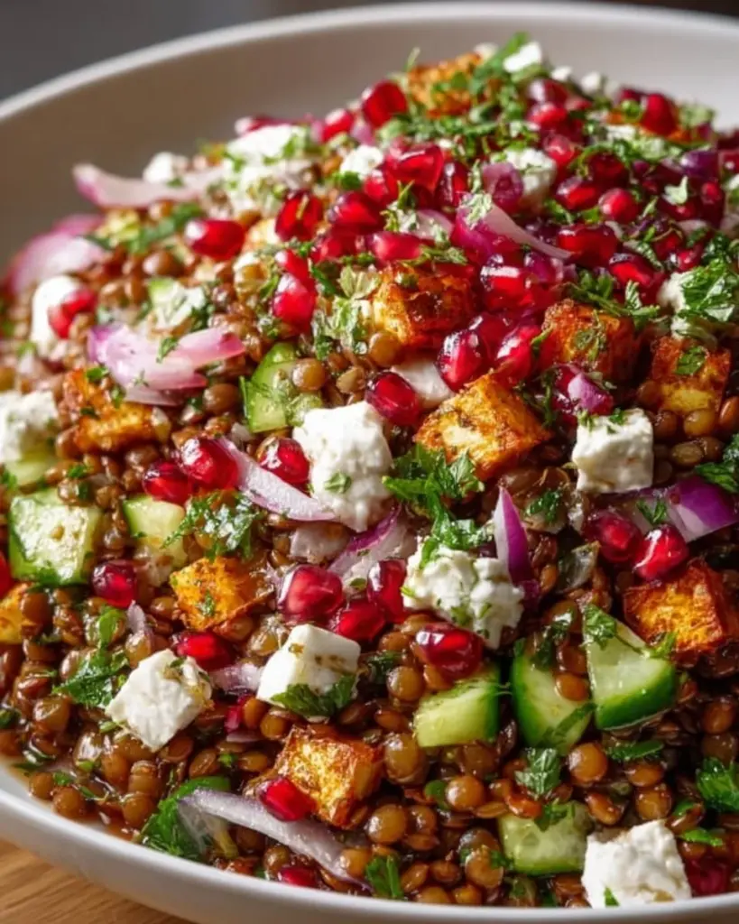 Orientalischer Linsensalat mit frischen Zutaten und Gewürzen