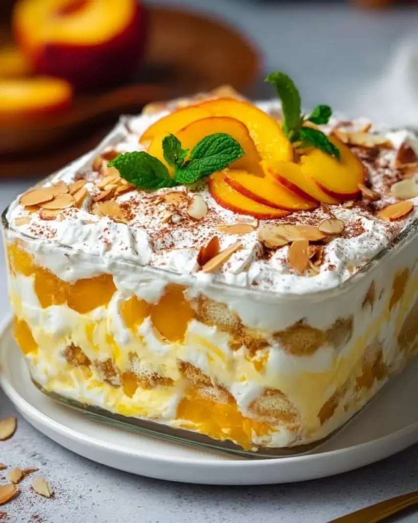 Pfirsich Tiramisu mit frischen Pfirsichen und cremiger Füllung
