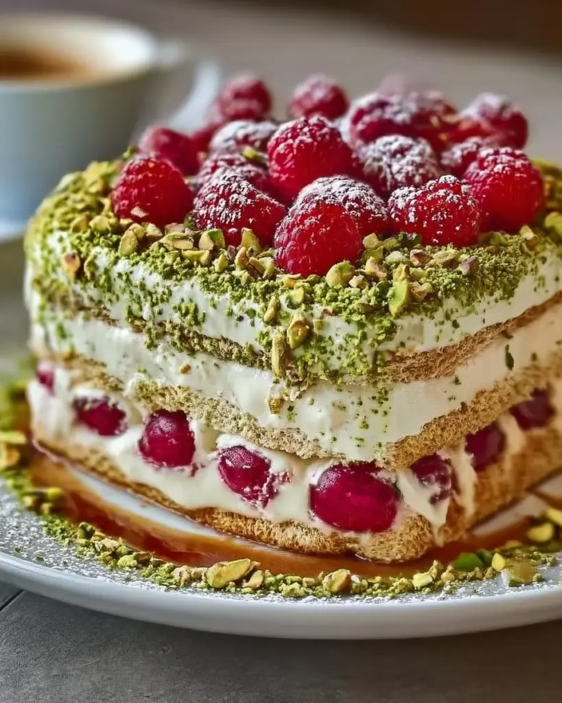 Dekadentes Pistazien-Himbeer-Tiramisu mit frischen Himbeeren und Pistazien.