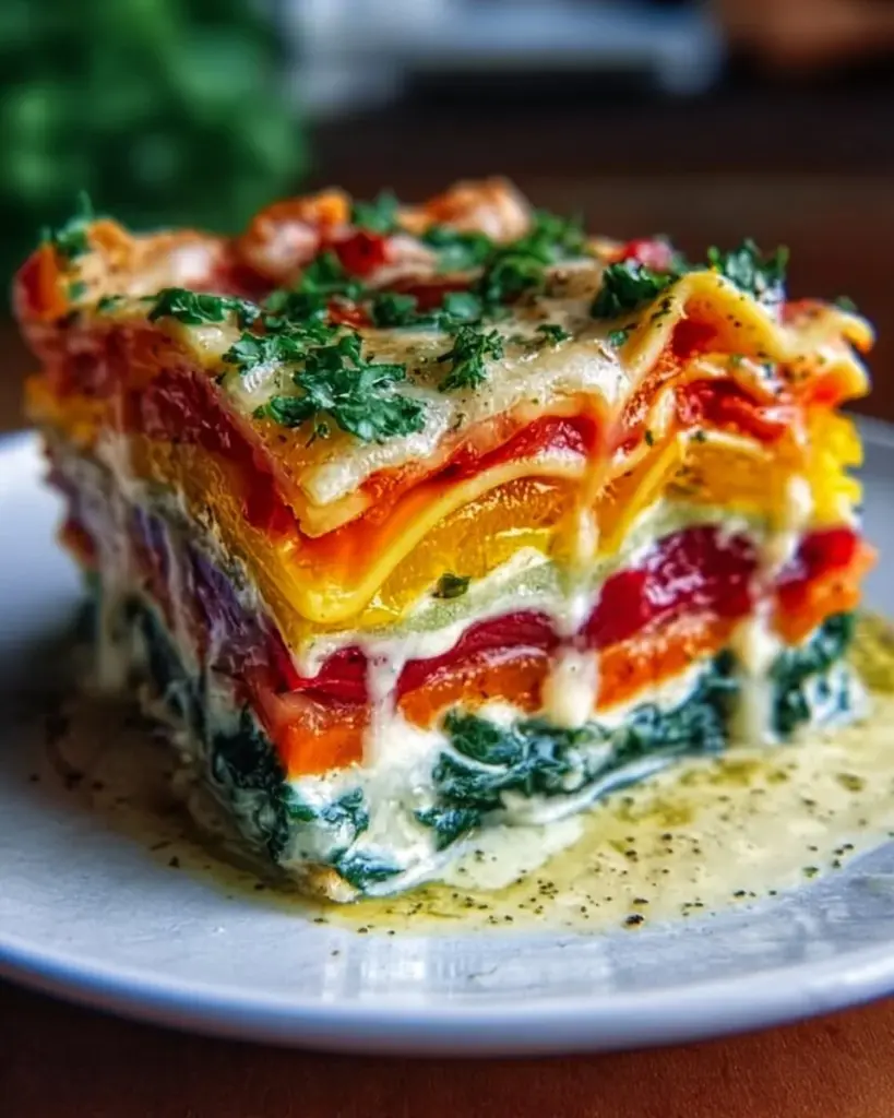 Bunte Regenbogen Lasagne mit frischem Gemüse und köstlicher Käseschicht