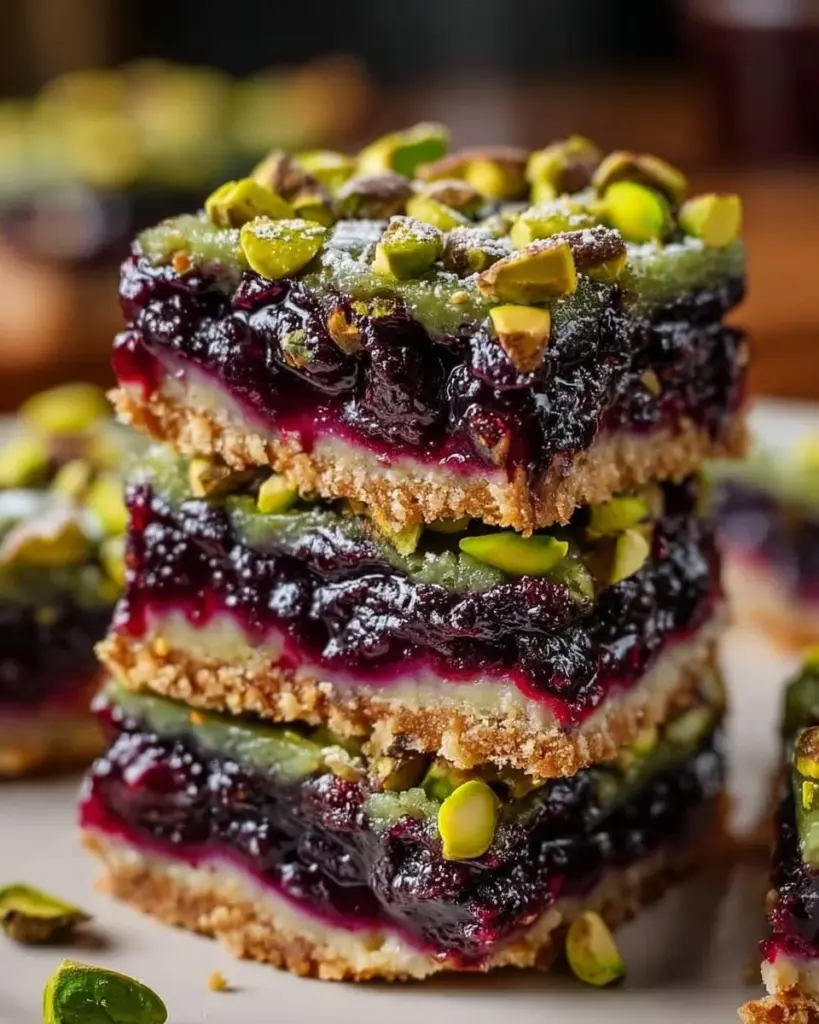 Schwarze Johannisbeer-Pistazien-Traumriegel auf einem Holzbrett