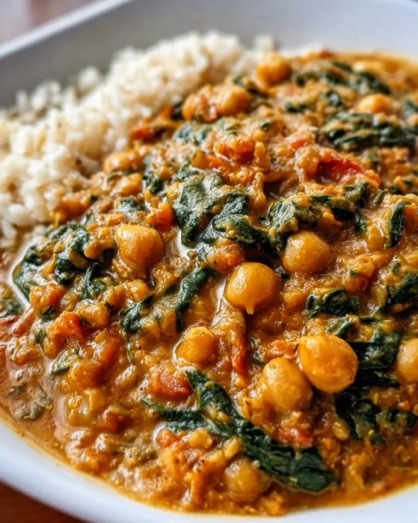 Gesundes Spinat-Curry mit Kichererbsen und roten Linsen auf einem Teller serviert.