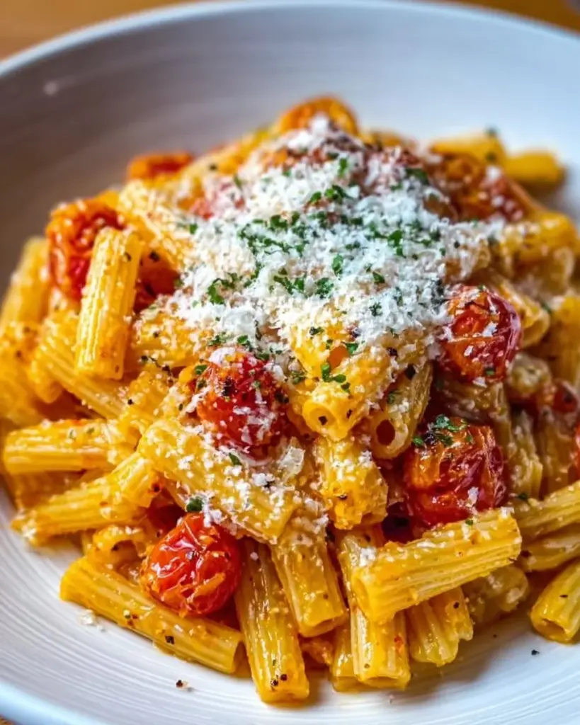 Teller mit Tomaten-Knoblauch-Pasta mit frischen Basilikumblättern
