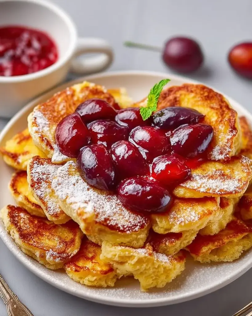 Topfenschmarren mit Zwetschkenröster auf einem Teller serviert
