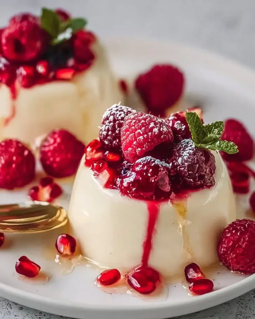 Vegane Vanille-Pudding-Mousse mit Beeren in einer Dessertschale