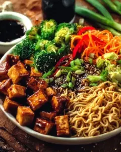 Vegane Teriyaki-Nudel-Bowl mit frischem Gemüse und aromatischer Sauce