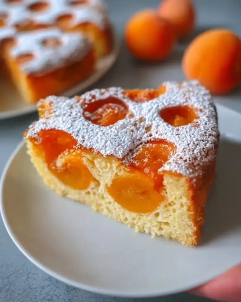 Saftiger Aprikosenkuchen mit Joghurt auf einem Teller serviert