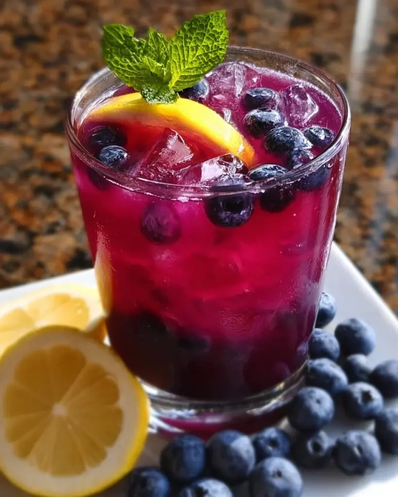 Blaubeer-Zitronen-Limonade in einem Glas mit frischen Blaubeeren und Zitronenscheiben